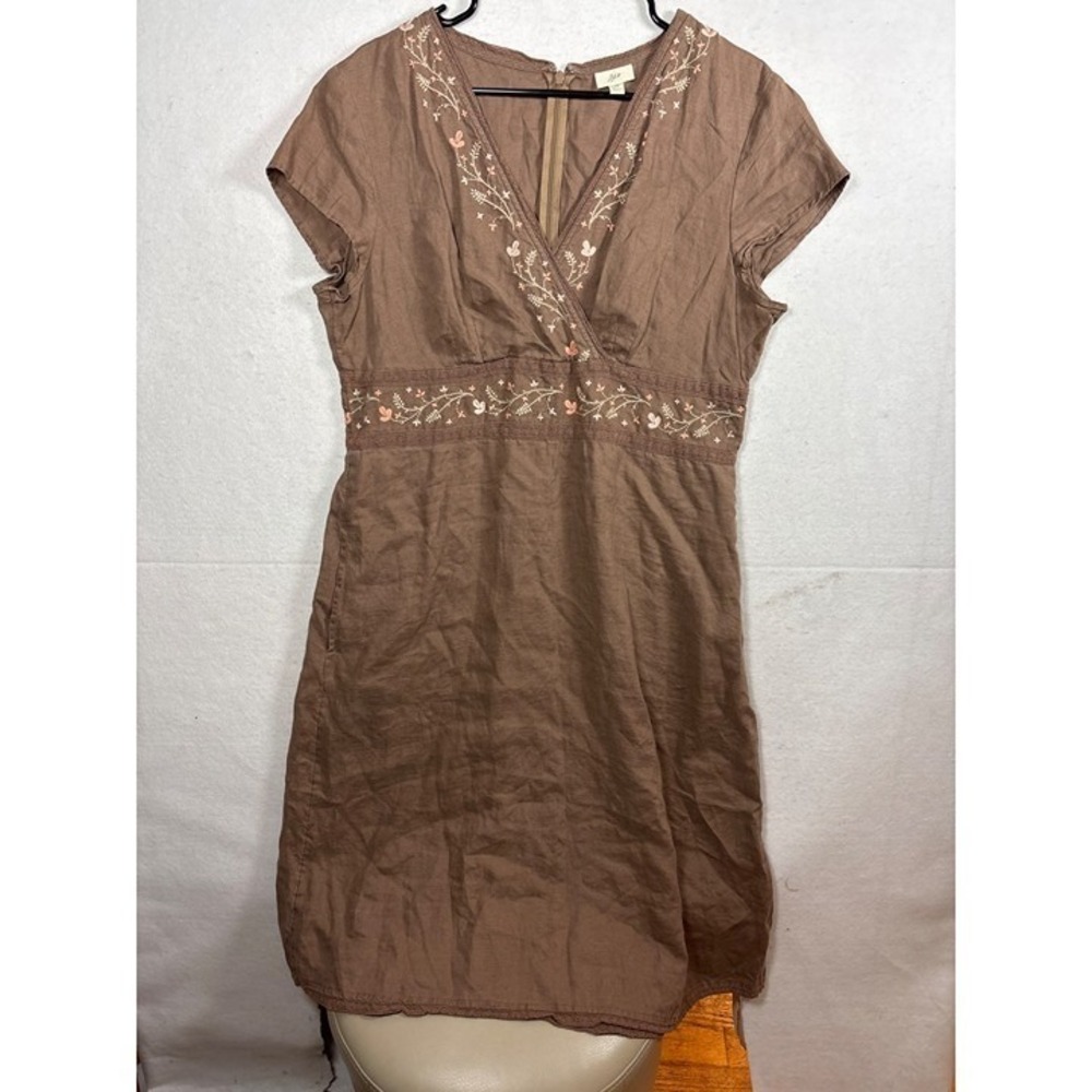J. Jill Linen Embroidered Sheath Dress Womens 14 Brown Floral V-Neck Cap Sleeve
